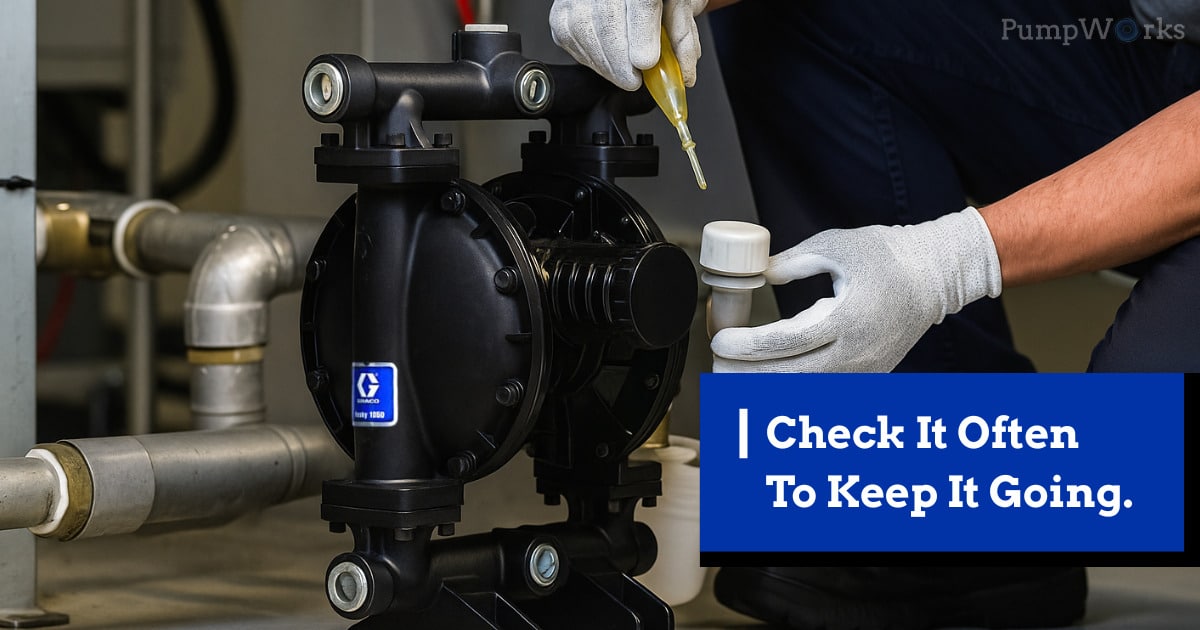 Technician lubricating industrial pump during routine check.