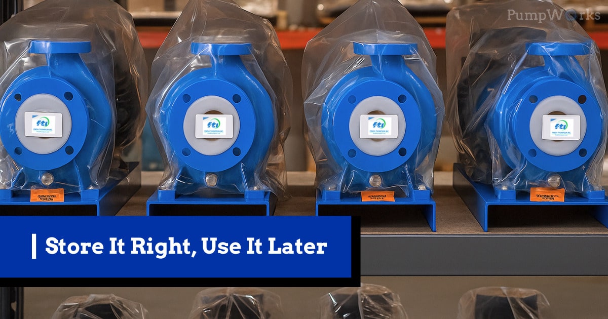 Blue pumps stored on shelf with protective plastic covers.