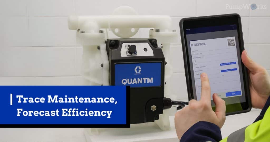 Worker logs pump maintenance on tablet with smart tracking.