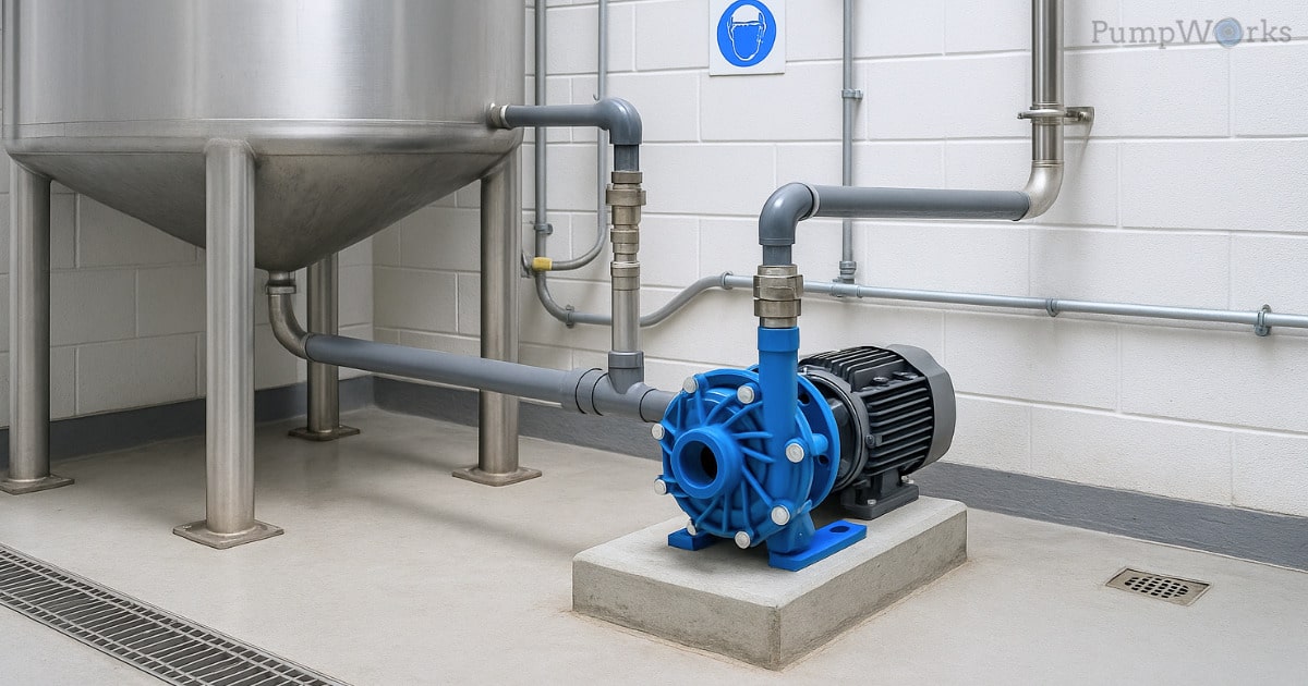 Blue centrifugal pump connected to stainless steel tank system.