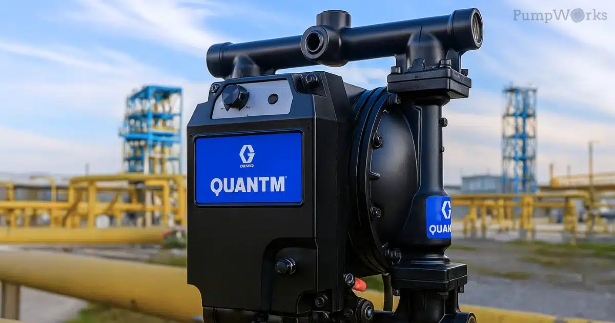 QUANTM pump installed outdoors with pipelines in industrial environment.