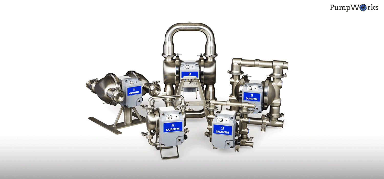 A group of five stainless steel QUANTM air-operated double diaphragm (AODD) pumps and components, showcasing different sizes and configurations, set against a bright white background.