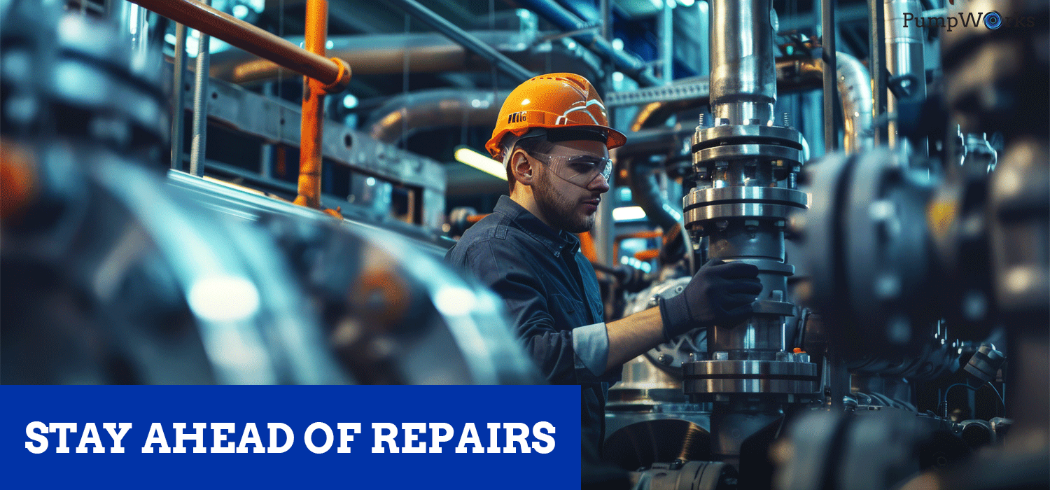 An industrial worker wearing an orange hard hat and safety glasses inspecting complex metal piping and machinery in a plant setting, with a blue banner across the bottom that reads 'STAY AHEAD OF REPAIRS'.