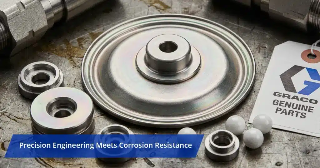 Close-up of GRACO genuine parts, showcasing precision engineering with corrosion-resistant features on various mechanical components.