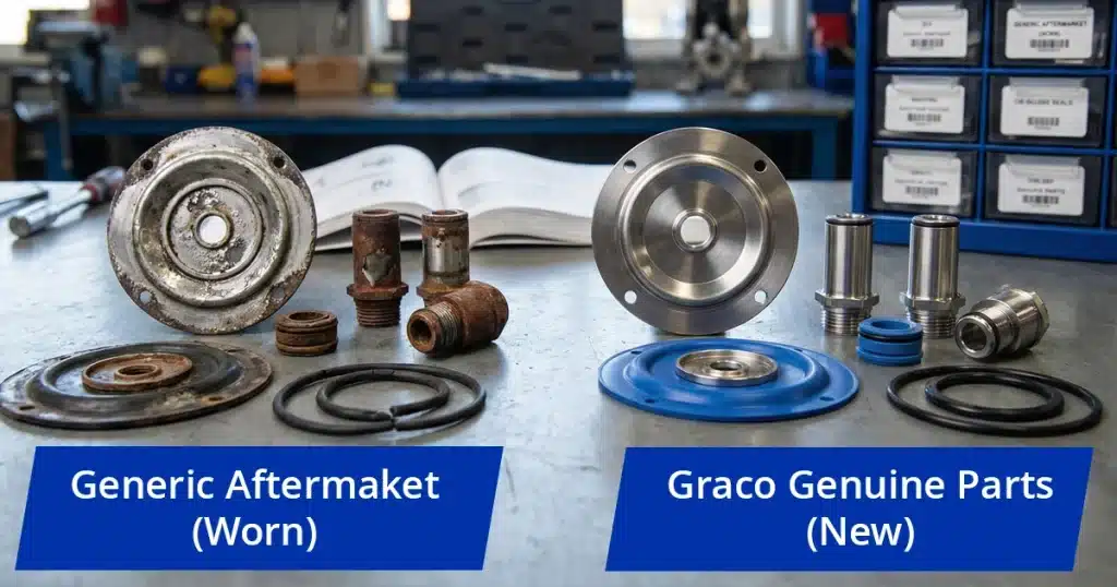 Comparison of worn generic aftermarket parts and new GRACO genuine parts, showcasing the difference in quality and durability.